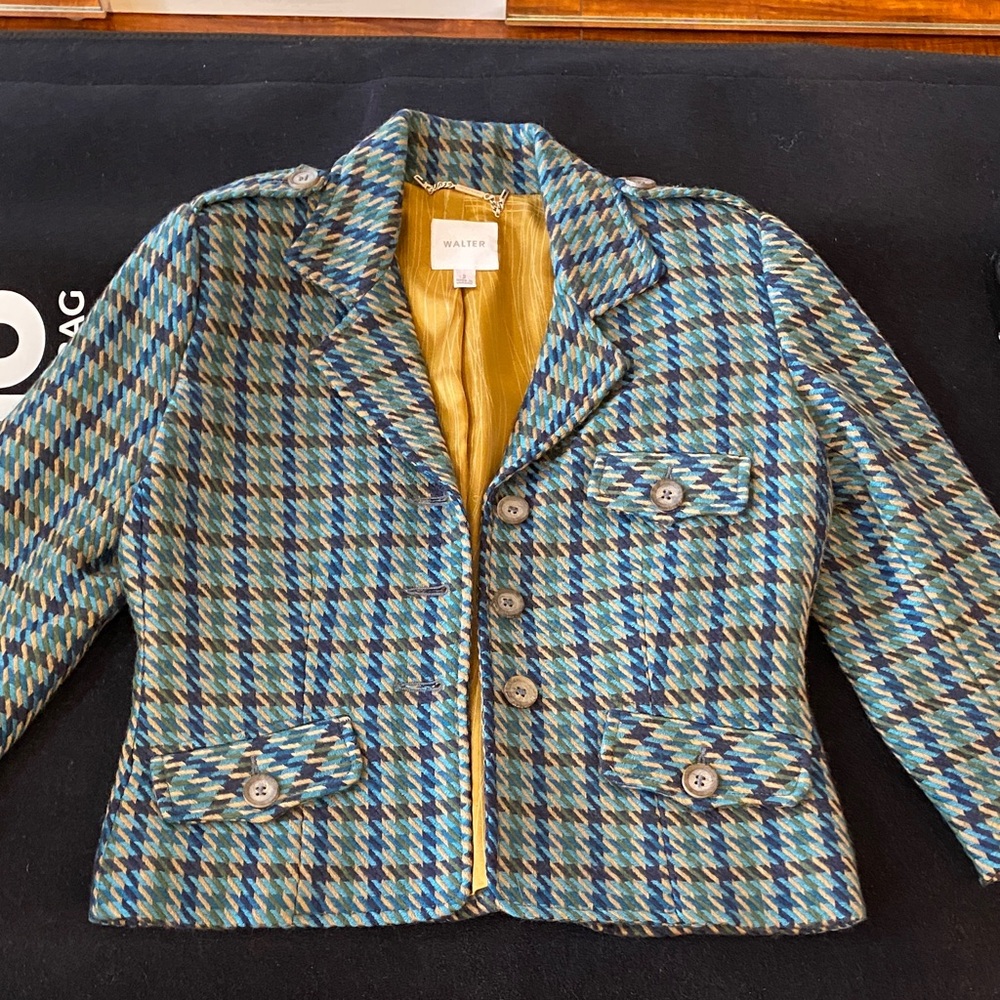 Walter Baker Teal & Blue Plaid Cropped Tweed Jacket